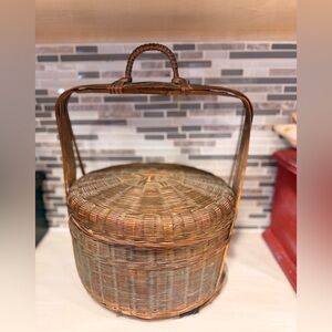 Vintage Bamboo & Wicker Chinese Wedding Betrothal Lidded Handle Basket
